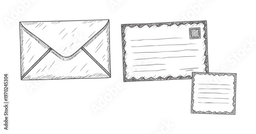 Hand drawn of envelope postcard and note white handdrawn paper