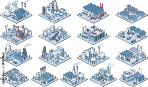 Industrial factory vector set, isometric building icons with smokestacks and warehouses, manufacturing collection, isolated.