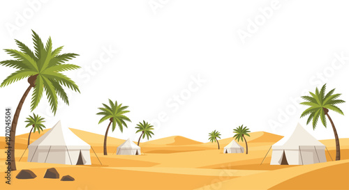 White conical tents are pitched among green palm trees on sandy desert dunes under a bright sky.