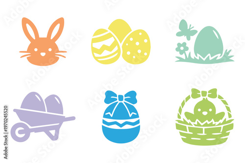 Easter eggs icon black and white. Simple glyph icons. Set of egg chicken egg breakfast organic food nature farm raw yolk shell. with bunny head, decorated eggs, basket and wheelbarrow, holiday