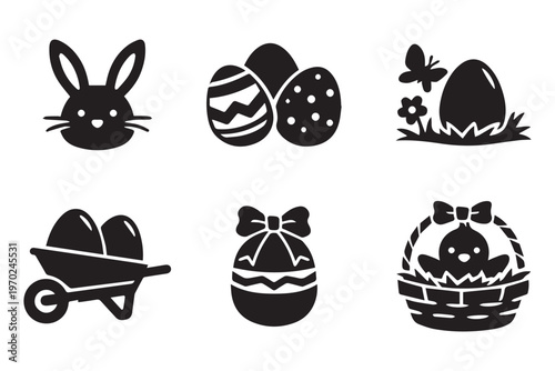 Easter eggs icon black and white. Simple glyph icons. Set of egg chicken egg breakfast organic food nature farm raw yolk shell. with bunny head, decorated eggs, basket and wheelbarrow, holiday