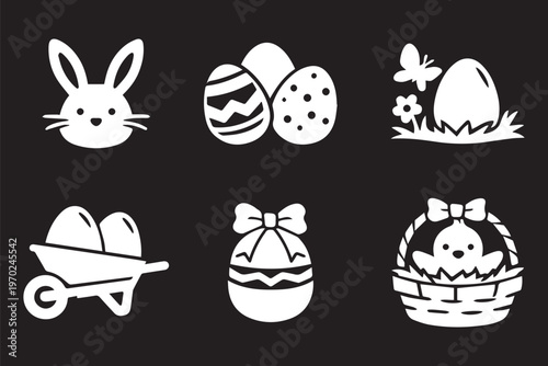 Easter eggs icon black and white. Simple glyph icons. Set of egg chicken egg breakfast organic food nature farm raw yolk shell. with bunny head, decorated eggs, basket and wheelbarrow, holiday