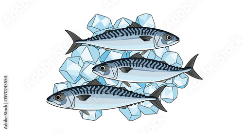 Three whole fresh mackerel fish with dark striped patterns are arranged on a large pile of geometric blue ice cubes against a clean white background.
