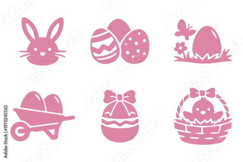 Easter eggs icon black and white. Simple glyph icons. Set of egg chicken egg breakfast organic food nature farm raw yolk shell. with bunny head, decorated eggs, basket and wheelbarrow, holiday