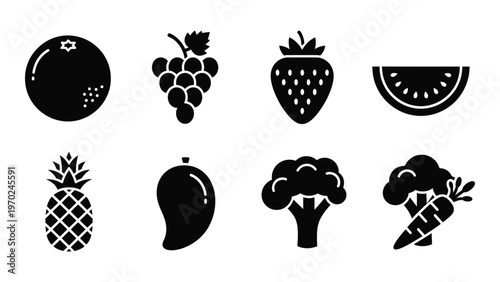 A collection of various fruit and vegetable icons presented in a flat black silhouette style high quality professional detailed modern elegant