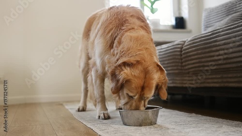 Golden Retriever Dog Eating Food From A Bowl At Home In The Living Room