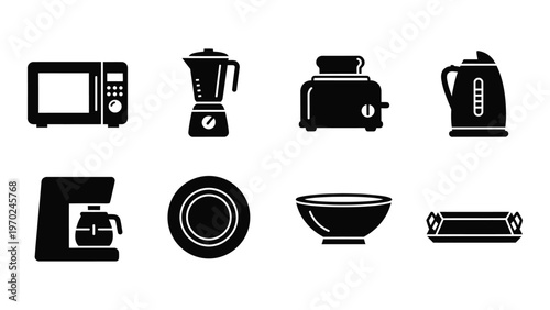 A collection of common black kitchen appliances and dishware are displayed in a simple minimalist silhouette high quality professional detailed modern