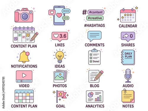 Comprehensive Collection of Digital Content Creation and Social Media Marketing Planner Icons for Online Strategy and Engagement