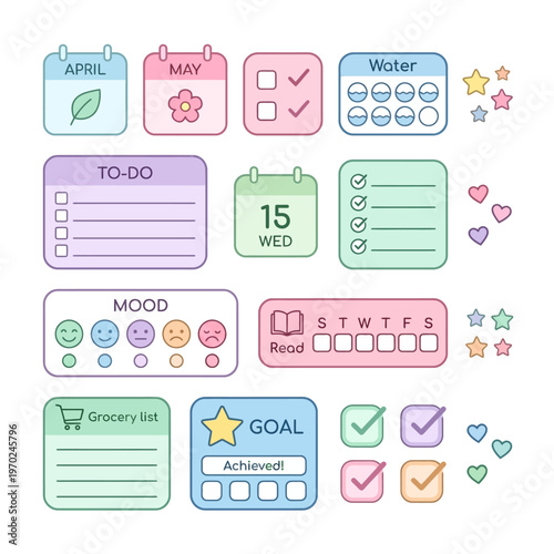 Cute pastel flat vector planner and journal elements for daily organization, task tracking, mood, water intake, and goal setting.