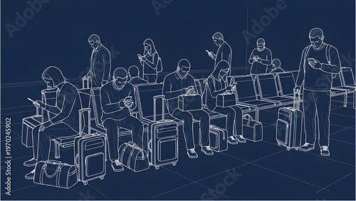 Airport Passengers Waiting with Luggage and Smartphones, CAD Blueprint Style Travel Concept on Dark Blue Background