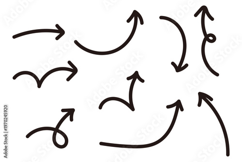 手描き風カーブ矢印セット シンプルな方向指示ラインアイコン素材集　黒