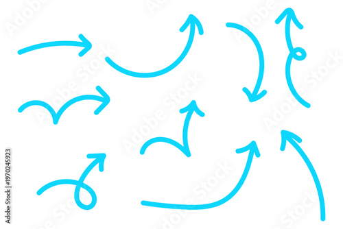 手描き風カーブ矢印セット シンプルな方向指示ラインアイコン素材集　水色