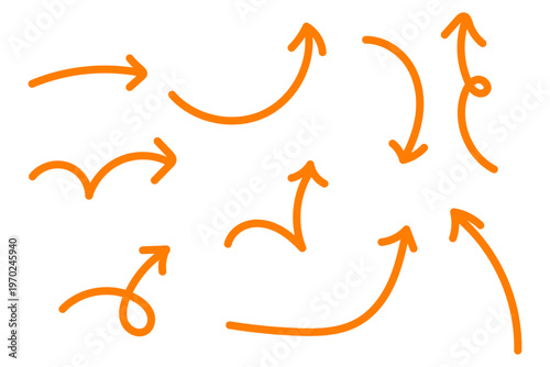 手描き風カーブ矢印セット シンプルな方向指示ラインアイコン素材集　オレンジ