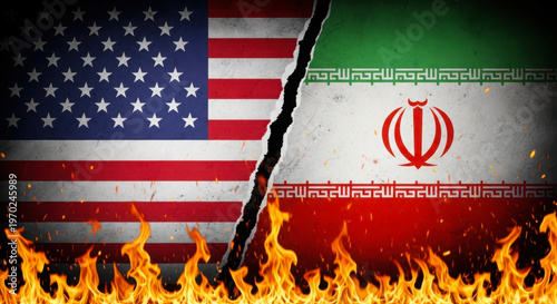 Divided flags of the united states and iran amidst flames symbolizing tension