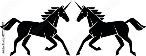Two Mirroring Black Silhouette Unicorns Galloping Toward Each Other in a Minimalist Vector Logo Style Isolated on a White Background.