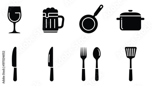 A collection of kitchenware and drinkware items are displayed in a stark black presentation silhouette high quality professional detailed modern elegant