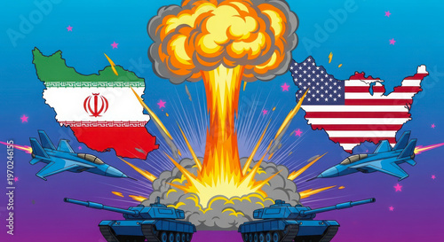 Tensions depicted through flags and explosion imagery between two nations