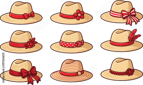 Set of summer straw hats with red ribbon bows and floral accents, cad drawing flat vector illustration