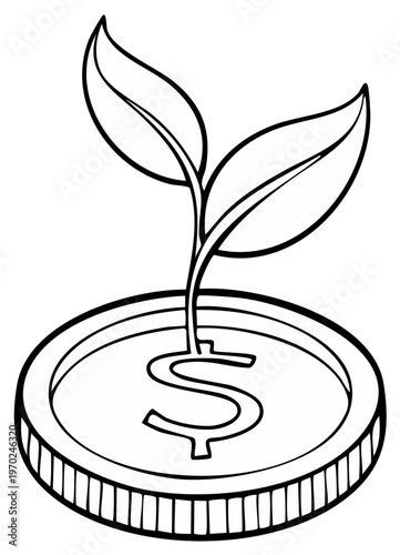 Plant growth emerging from a dollar coin symbolizing financial investment and economic development