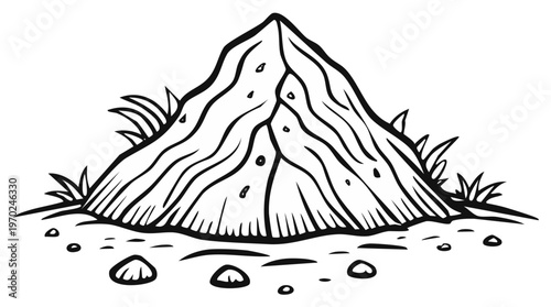 Cartoon illustration of an ant hill with grass and rocks.