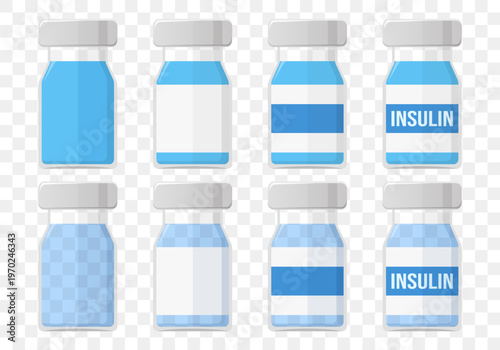Vector illustration of vials for pharma, injections, diabetes treatment, vaccination and other medical care. Isolated on transparent background.