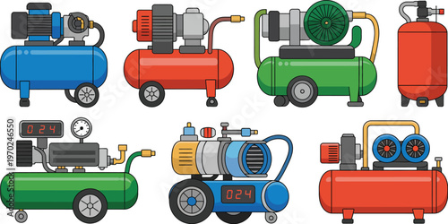 Air compressor equipment, industrial flat vector illustration showing pneumatic machines and workshop tools, clean design for manufacturing, repair, and mechanical concepts