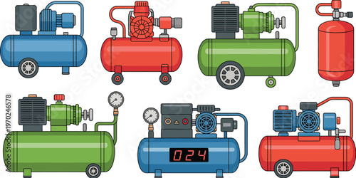 Air compressor equipment, industrial flat vector illustration showing pneumatic machines and workshop tools, clean design for manufacturing, repair, and mechanical concepts