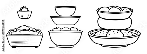 Bento box set with abstract line art illustration of a tiered bento box featuring black ink, minimalist, Japanese lunch with bento and bento box