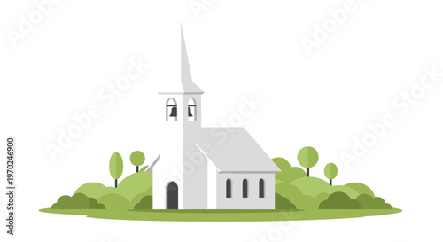 This minimalist flat vector illustration showcases a pristine white church with a tall steeple surrounded by soft green bushes against a clean background.
