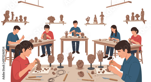 Eight people are actively sculpting clay figures and busts at wooden tables in a well-lit art studio with shelves displaying finished works.