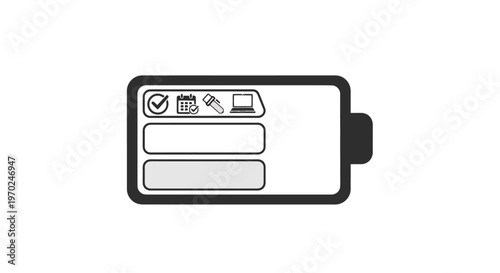 Representing digital progress and planning with icons inside a battery outline suggesting power and productivity tools for scheduling and technology use to achieve device energy management goals