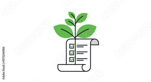 Concept showing agricultural development success with a checklist and growing plant indicating progress and achieved goals in a conceptual representation of achieving objectives and planning for