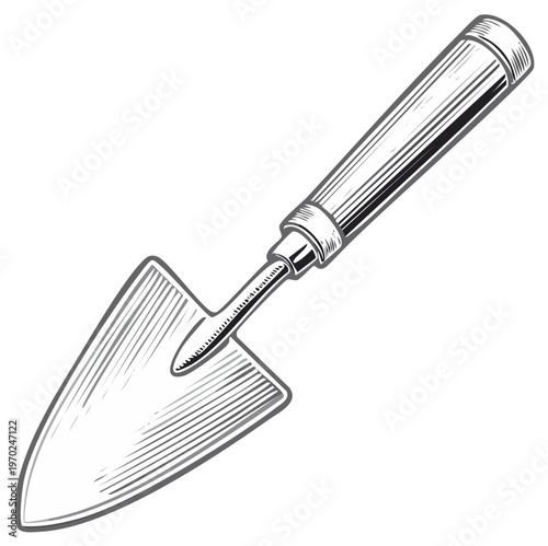 Detailed drawing of a gardening trowel tool for planting in black and white.