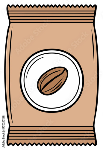 Flat illustration of a brown coffee bean packaged in a simple paper bag with a circular label.