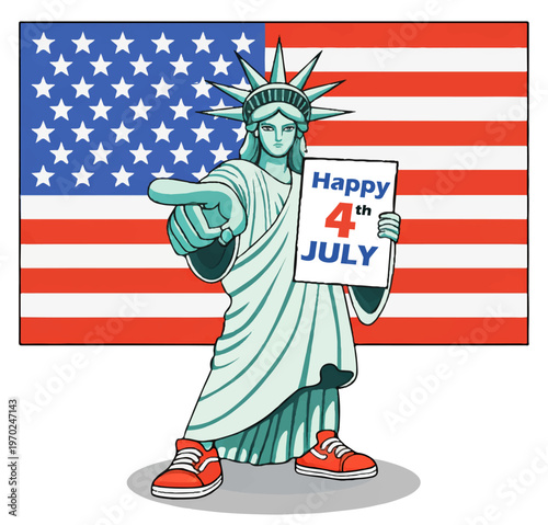 Patriotic Statue of Liberty illustration with American flag, Happy 4th July sign and pointing finger. Independence Day vector character wearing red sneakers for holiday marketing and greeting