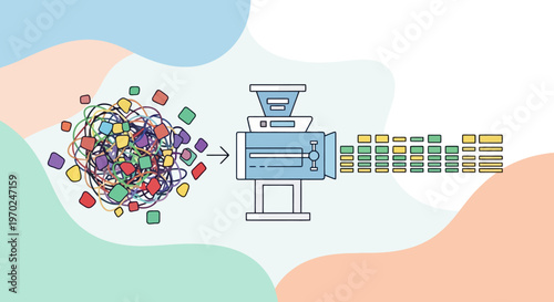 Conceptual rendering depicts a machine processing a chaotic cluster of colorful shapes into a structured pattern of organized elements symbolizing data transformation algorithm operation and