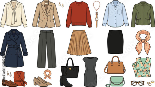 Set of women's business casual clothing, office wear apparel, and fashion accessories, cad drawing flat vector illustration