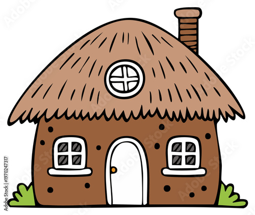 Whimsical thatched roof cottage with charming windows and a quaint chimney