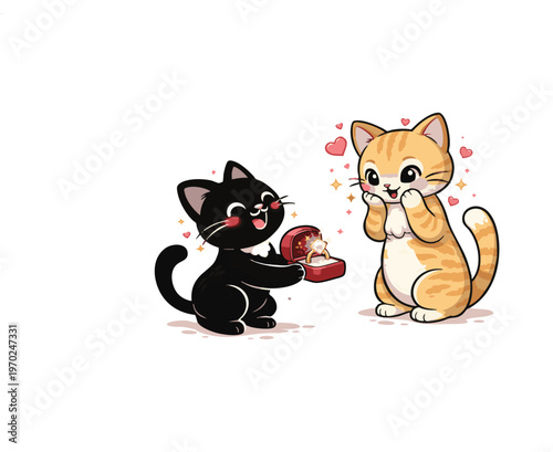 Black cat proposing to orange tabby cat with diamond ring in red box cartoon vector illustration.