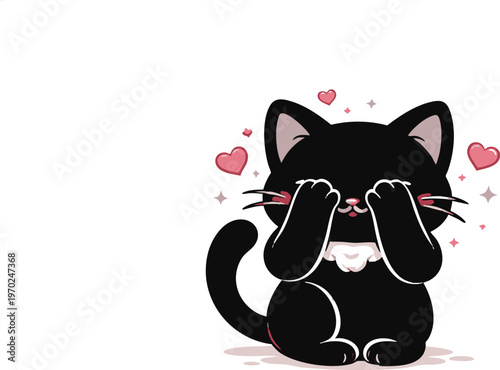 Cute black kitten covering eyes with paws cartoon vector illustration for greeting card or sticke