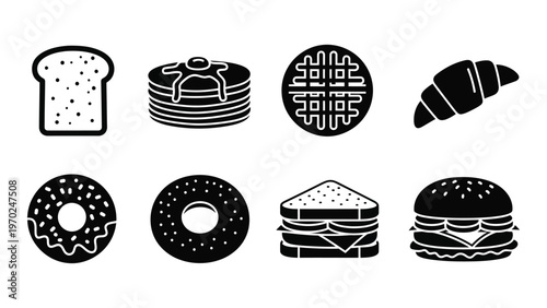 A collection of breakfast and lunch items depicted in a clean minimalist black style silhouette high quality professional detailed modern elegant