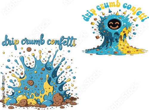 Drip crumb confetti vector illustration, blue and yellow liquid splash with cookie crumbs, playful food splatter graphic for bakery branding