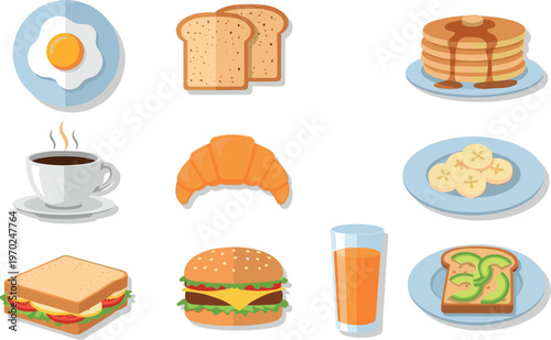Breakfast food set vector illustration featuring eggs toast pancakes coffee croissant sandwich burger juice and healthy morning meals