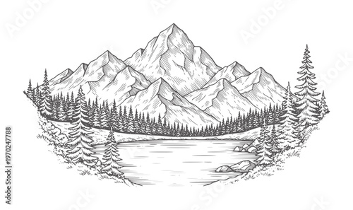 Of a mountain range reflected in a calm lake surrounded by pine trees forest