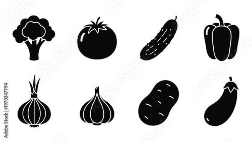 A collection of eight black vegetable icons including broccoli tomato cucumber and pepper presented as a silhouette high quality professional detailed
