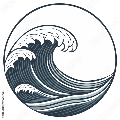 Stylized ocean wave illustration within a circle, vintage inspired design.