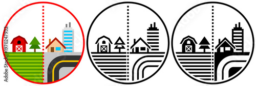 Flat icons, in outline and solid styles, of urban and rural boundaries