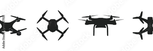 Four Silhouetted Drones on White Background quadcopter