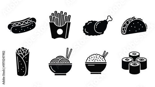 A collection of fast food items hotdogs fries chicken tacos sushi and noodles in black silhouette high quality professional detailed modern
