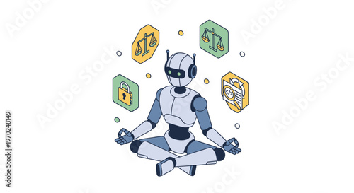 Ethical AI Concept: Meditating Robot with Justice Scales, Security Lock, and Code Compliance Icons Representing Responsible Artificial Intelligence Regulations